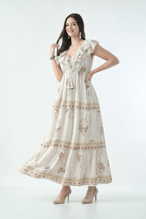 26406 Bohemian Floral Print Ruffle Maxi Dress - Advance Apparels Inc