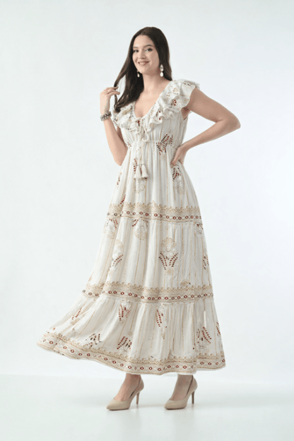 26406 Bohemian Floral Print Ruffle Maxi Dress - Advance Apparels Inc