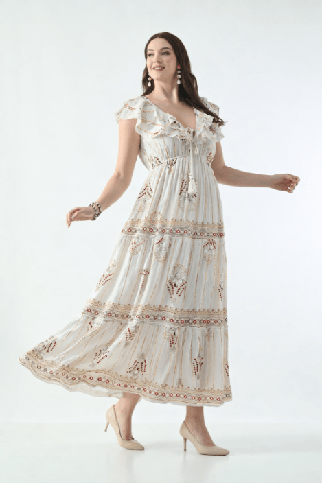 26406 Bohemian Floral Print Ruffle Maxi Dress - Advance Apparels Inc