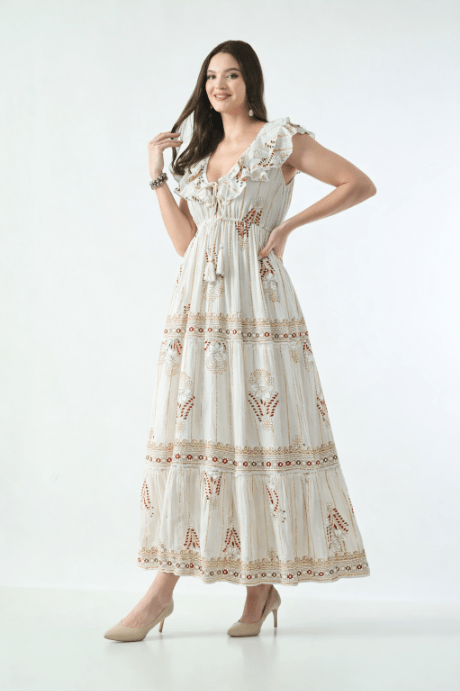 26406 Bohemian Floral Print Ruffle Maxi Dress - Advance Apparels Inc