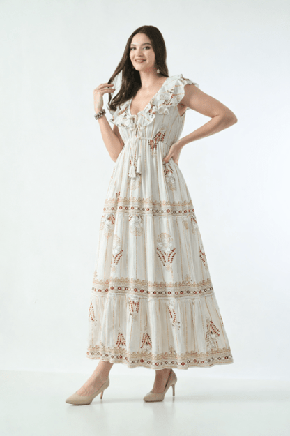 26406 Bohemian Floral Print Ruffle Maxi Dress - Advance Apparels Inc