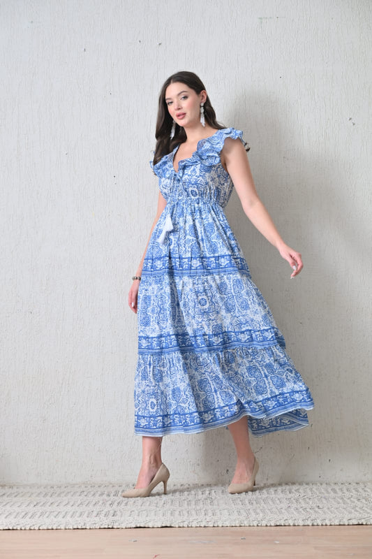 26407 Boho G Printed Maxi Dress with Tassel Detail – Soft Cotton - Advance Apparels Inc