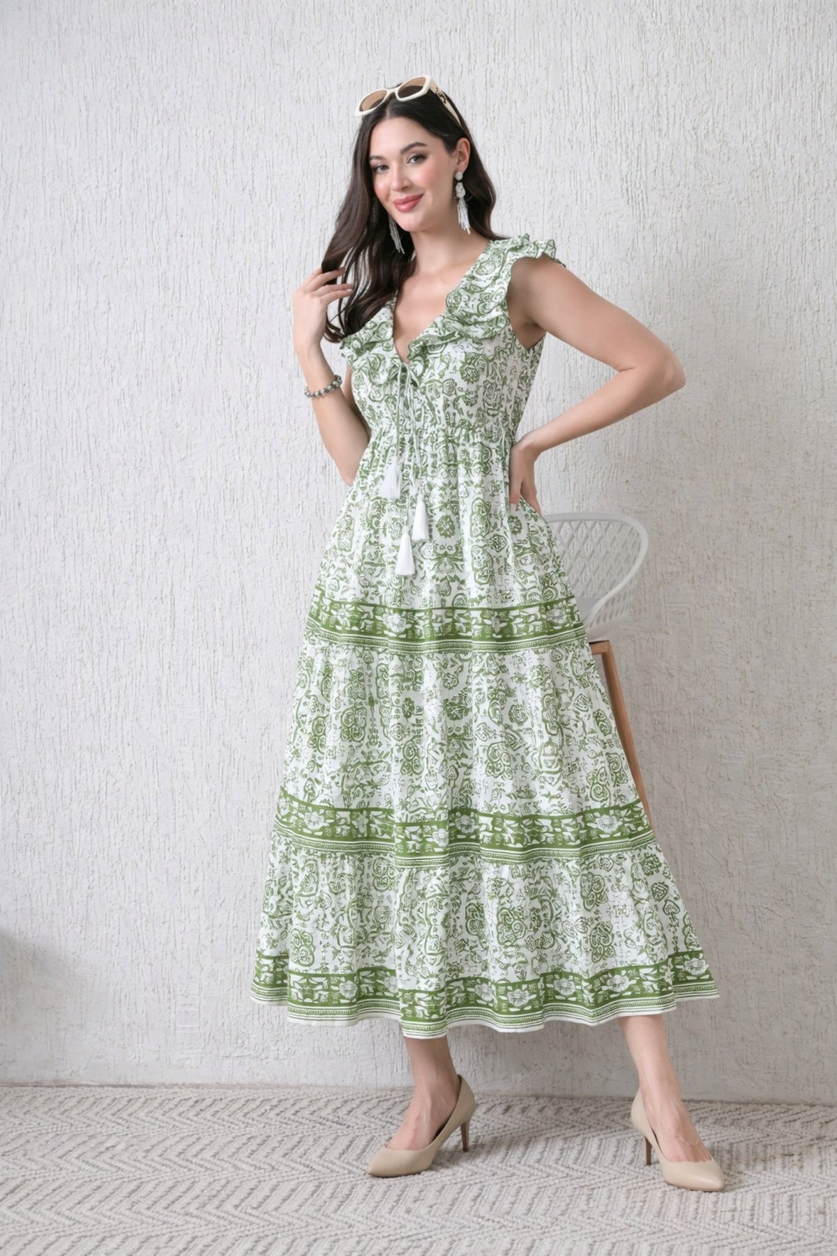 26407 Boho G Printed Maxi Dress with Tassel Detail – Soft Cotton - Advance Apparels Inc