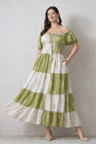 26409 Bohemian Patchwork Off-Shoulder Tiered Maxi Dress – Assorted Colors - Advance Apparels Inc
