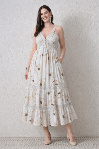 26410 Bohemian Printed Lace Trim Maxi Dress – Sleeveless Tiered Summer Dress - Advance Apparels Inc