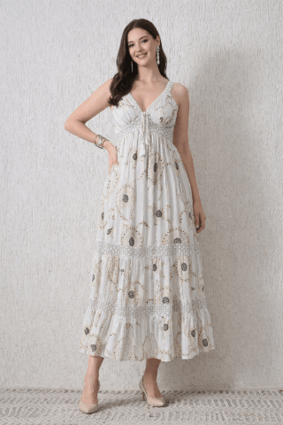 26410 Bohemian Printed Lace Trim Maxi Dress – Sleeveless Tiered Summer Dress - Advance Apparels Inc