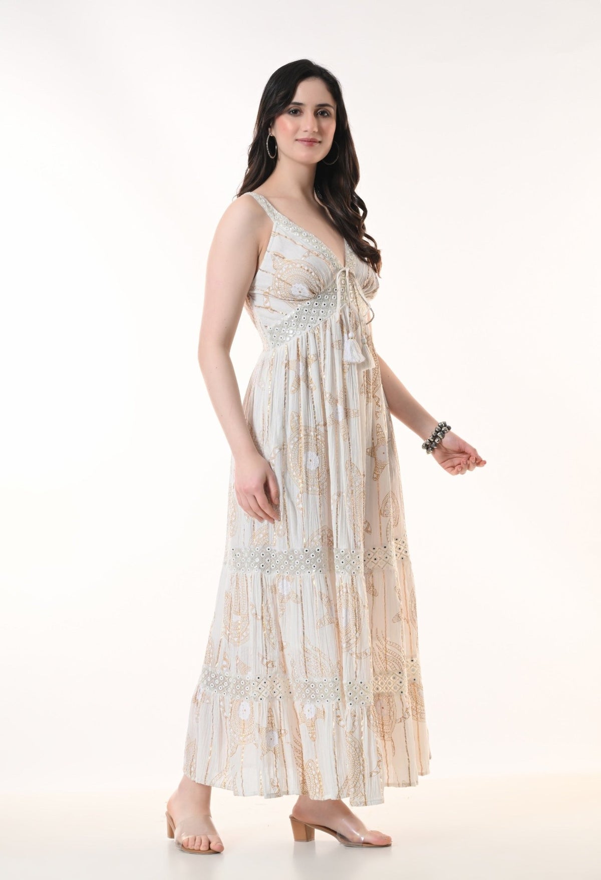 26410 Bohemian Printed Lace Trim Maxi Dress – Sleeveless Tiered Summer Dress - Advance Apparels Inc