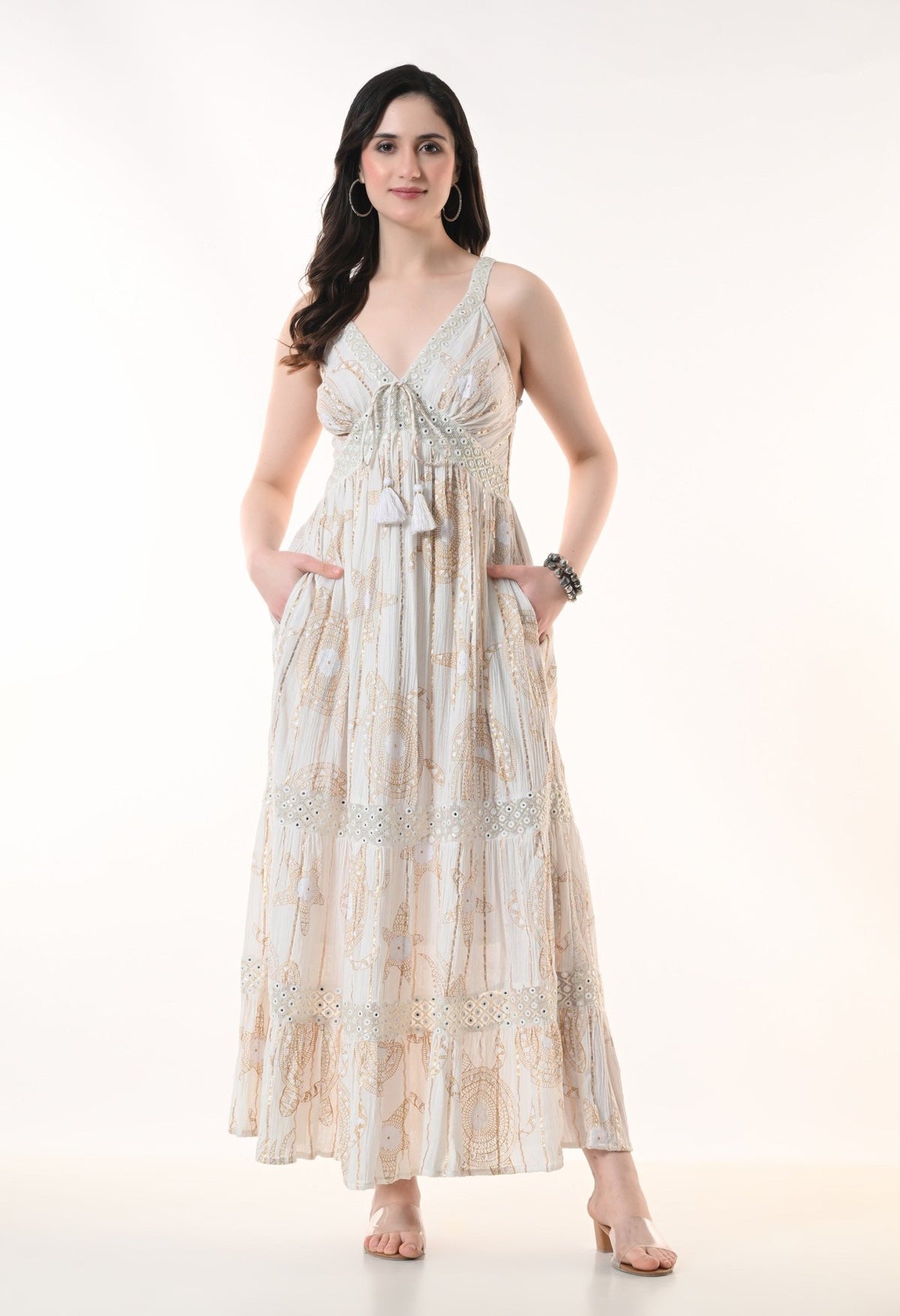 26410 Bohemian Printed Lace Trim Maxi Dress – Sleeveless Tiered Summer Dress - Advance Apparels Inc
