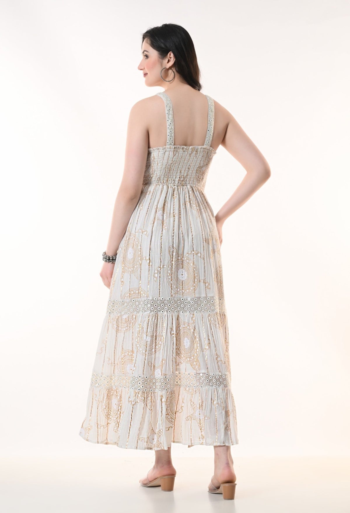 26410 Bohemian Printed Lace Trim Maxi Dress – Sleeveless Tiered Summer Dress - Advance Apparels Inc