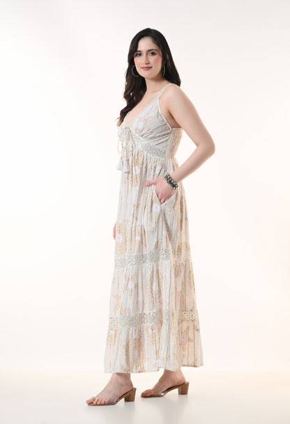 26410 Bohemian Printed Lace Trim Maxi Dress – Sleeveless Tiered Summer Dress - Advance Apparels Inc