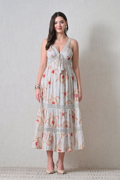 26410 Bohemian Printed Lace Trim Maxi Dress – Sleeveless Tiered Summer Dress - Advance Apparels Inc