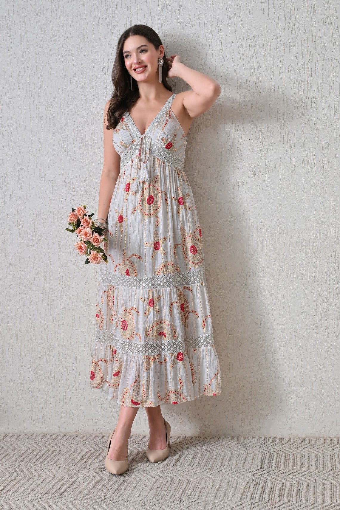 26410 Bohemian Printed Lace Trim Maxi Dress – Sleeveless Tiered Summer Dress - Advance Apparels Inc