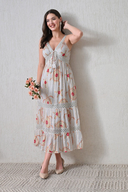 26410 Bohemian Printed Lace Trim Maxi Dress – Sleeveless Tiered Summer Dress - Advance Apparels Inc