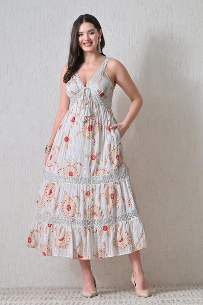26410 Bohemian Printed Lace Trim Maxi Dress – Sleeveless Tiered Summer Dress - Advance Apparels Inc