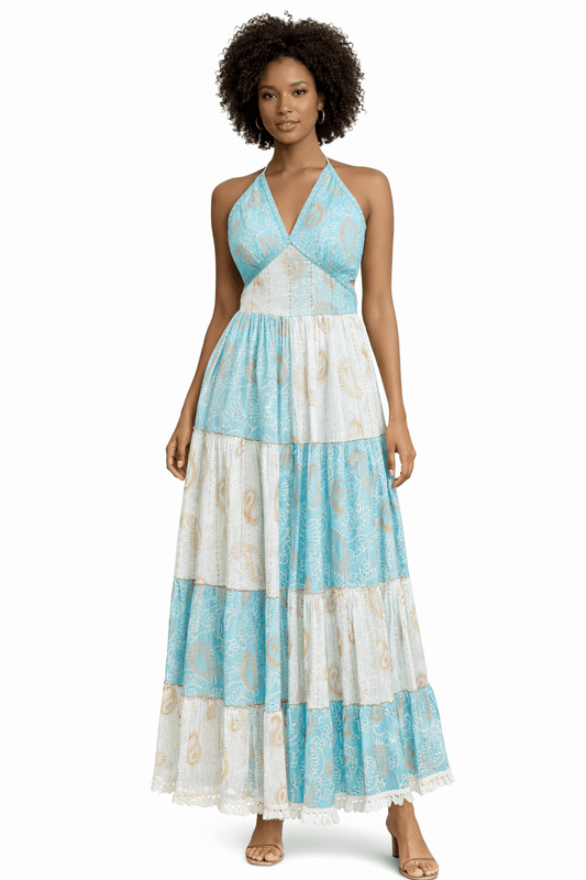 26411 Bohemian Patchwork Halter Maxi Dress – Tiered Printed Resort Dress - Advance Apparels Inc