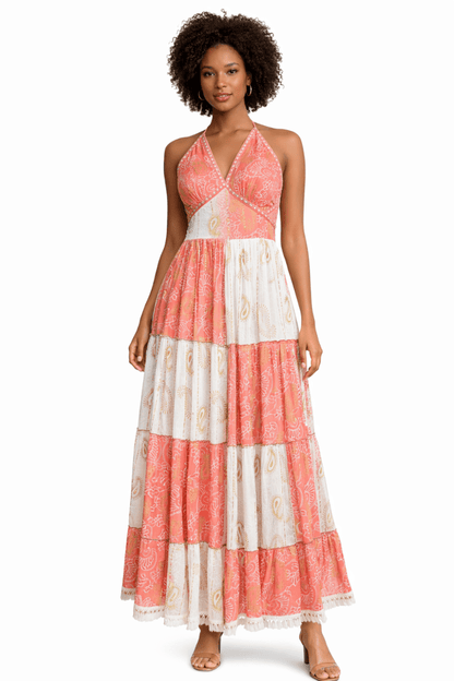 26411 Bohemian Patchwork Halter Maxi Dress – Tiered Printed Resort Dress - Advance Apparels Inc