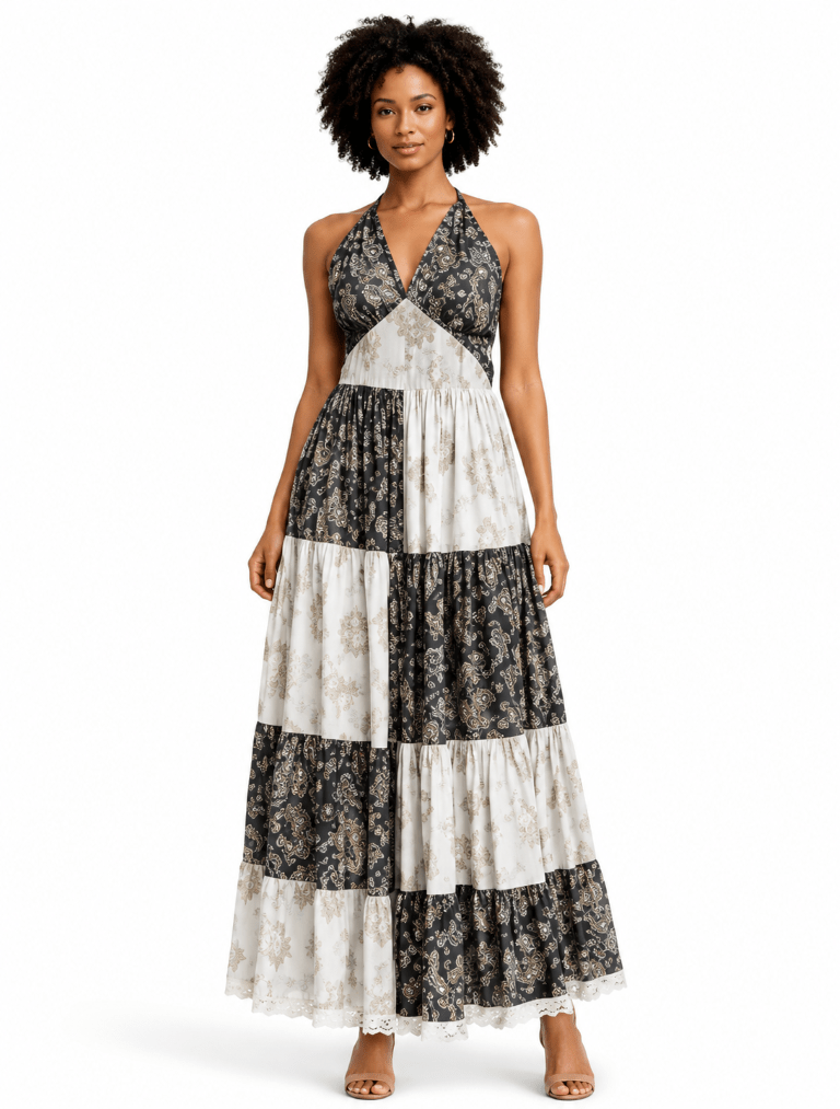 26411 Bohemian Patchwork Halter Maxi Dress – Tiered Printed Resort Dress - Advance Apparels Inc