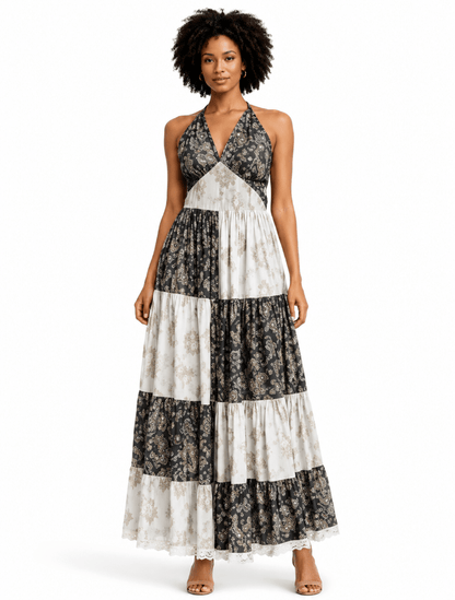 26411 Bohemian Patchwork Halter Maxi Dress – Tiered Printed Resort Dress - Advance Apparels Inc