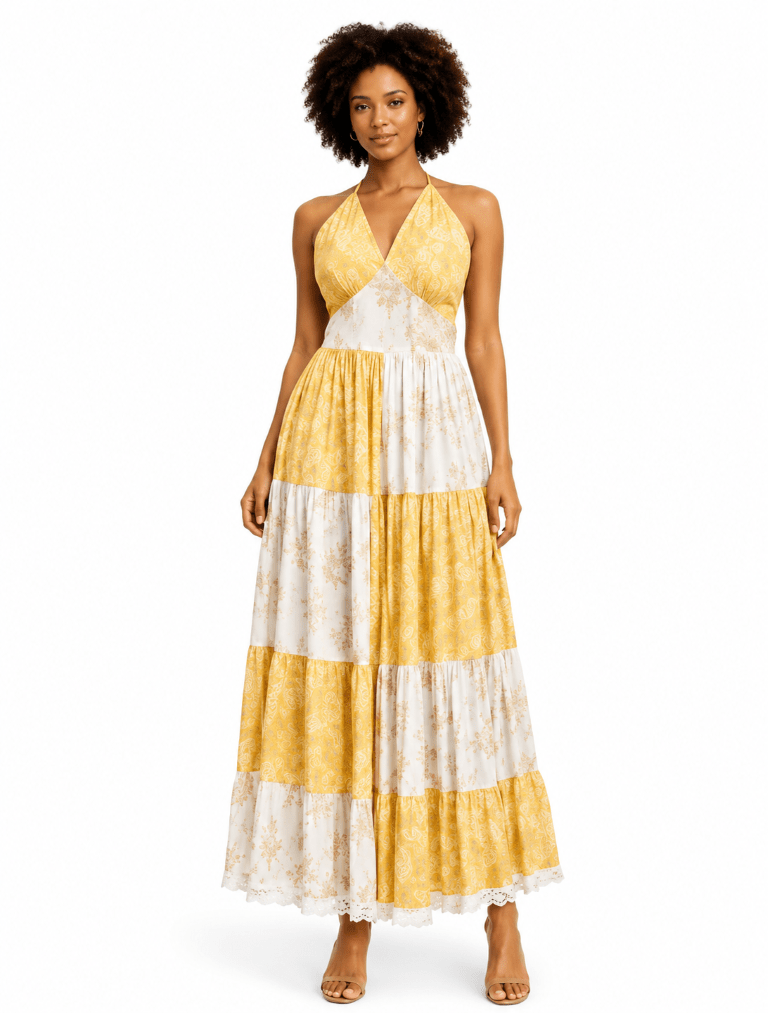 26411 Bohemian Patchwork Halter Maxi Dress – Tiered Printed Resort Dress - Advance Apparels Inc