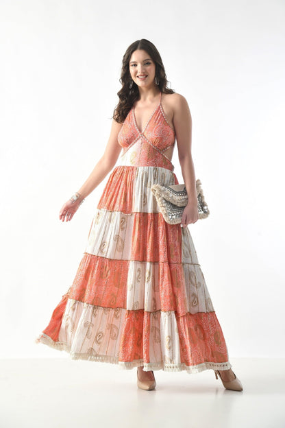 26411 Bohemian Patchwork Halter Maxi Dress – Tiered Printed Resort Dress - Advance Apparels Inc