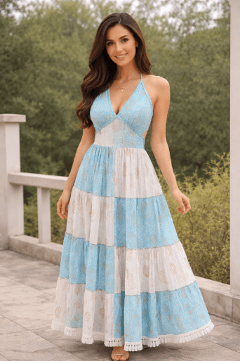 26411 Bohemian Patchwork Halter Maxi Dress – Tiered Printed Resort Dress - Advance Apparels Inc