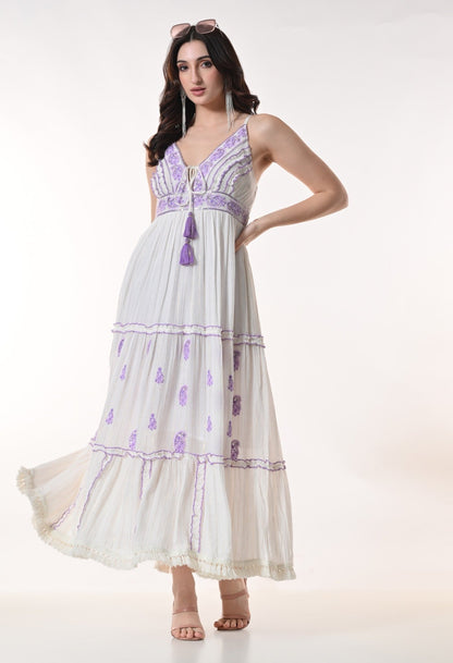 26414 Bohemian Embroidered Tiered Maxi Dress – Sleeveless V-Neck Summer Dress - Advance Apparels Inc