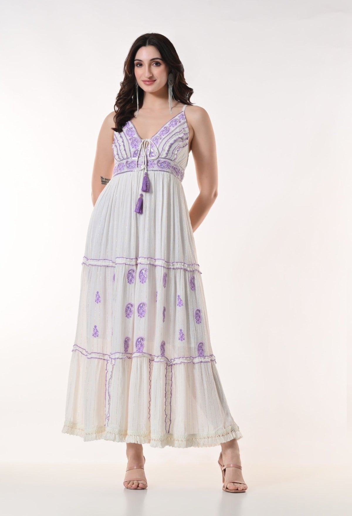 26414 Bohemian Embroidered Tiered Maxi Dress – Sleeveless V-Neck Summer Dress - Advance Apparels Inc