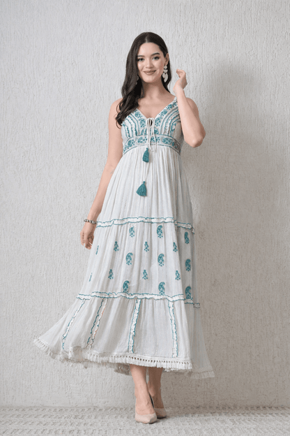 26414 Bohemian Embroidered Tiered Maxi Dress – Sleeveless V-Neck Summer Dress - Advance Apparels Inc