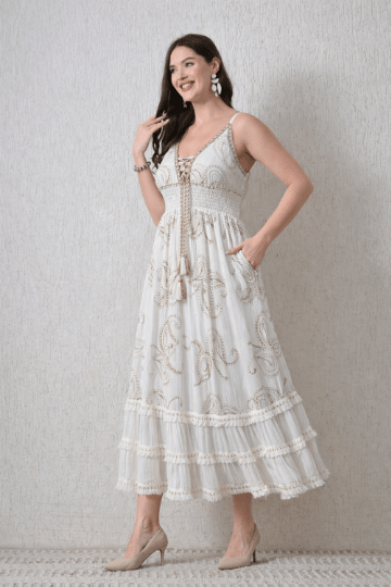 26415 Bohemian Paisley Embroidered Maxi Dress – Smocked Waist Tiered Dress - Advance Apparels Inc