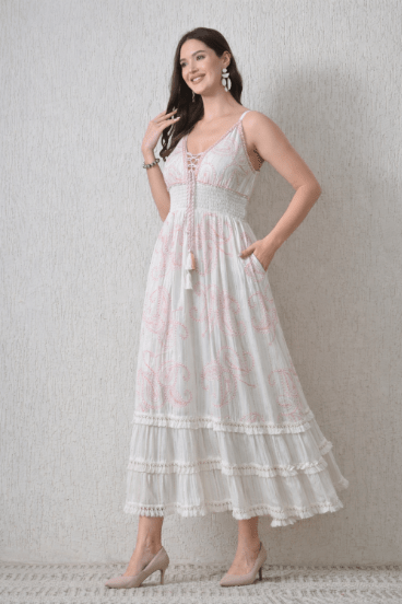 26415 Bohemian Paisley Embroidered Maxi Dress – Smocked Waist Tiered Dress - Advance Apparels Inc