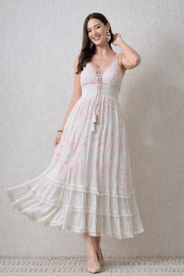 26415 Bohemian Paisley Embroidered Maxi Dress – Smocked Waist Tiered Dress - Advance Apparels Inc
