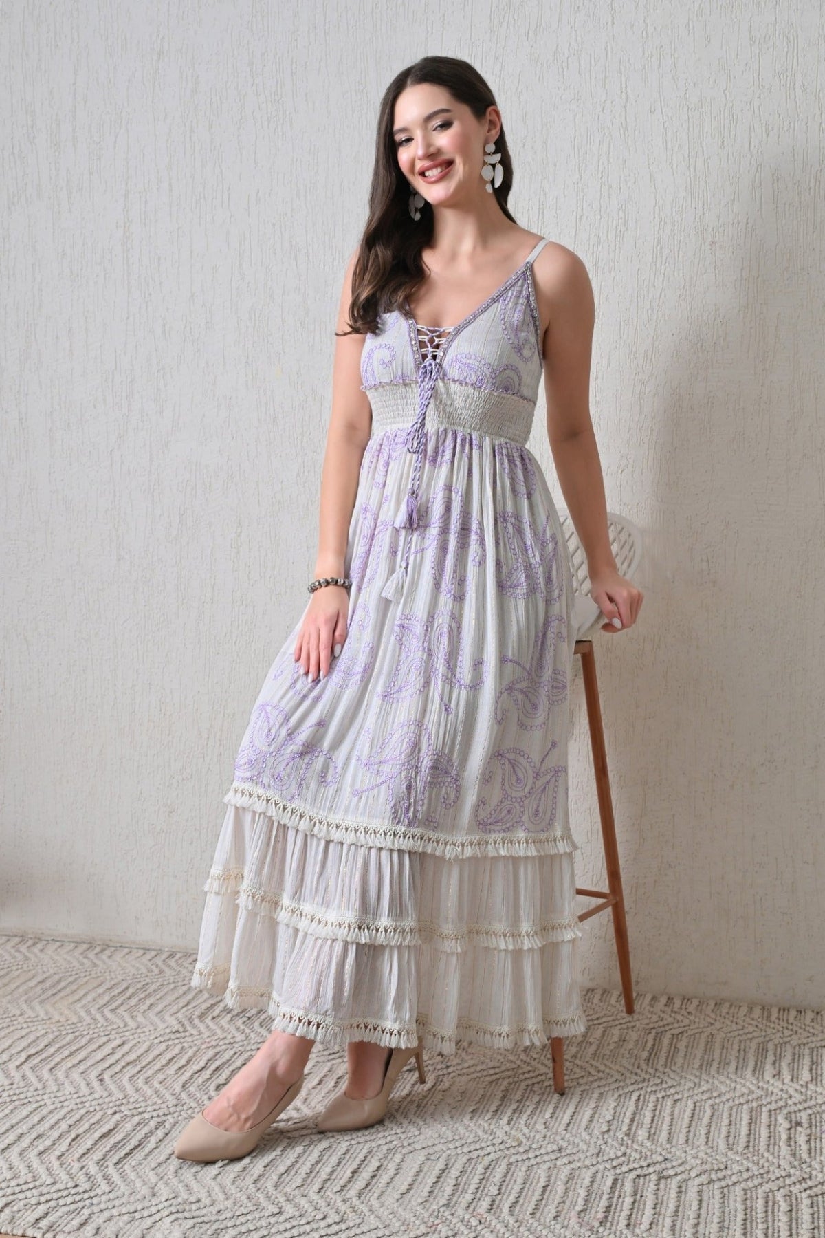 26415 Bohemian Paisley Embroidered Maxi Dress – Smocked Waist Tiered Dress - Advance Apparels Inc