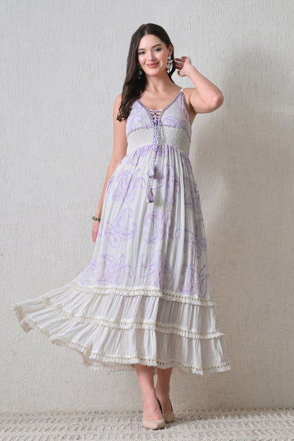 26415 Bohemian Paisley Embroidered Maxi Dress – Smocked Waist Tiered Dress - Advance Apparels Inc