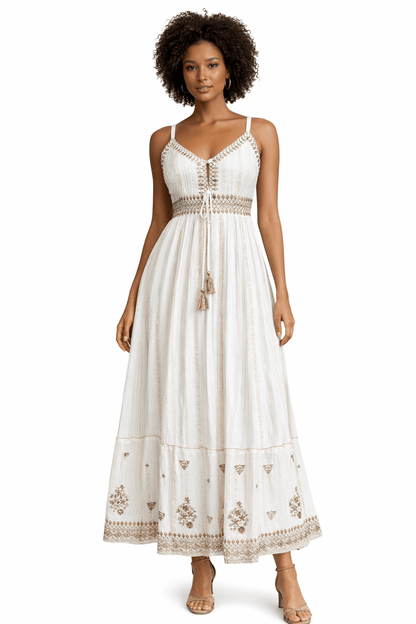 26416 Embroidered Cotton Maxi Dress with Tassel Tie – Boho Summer Dress - Advance Apparels Inc