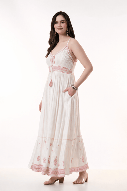 26416 Embroidered Cotton Maxi Dress with Tassel Tie – Boho Summer Dress - Advance Apparels Inc