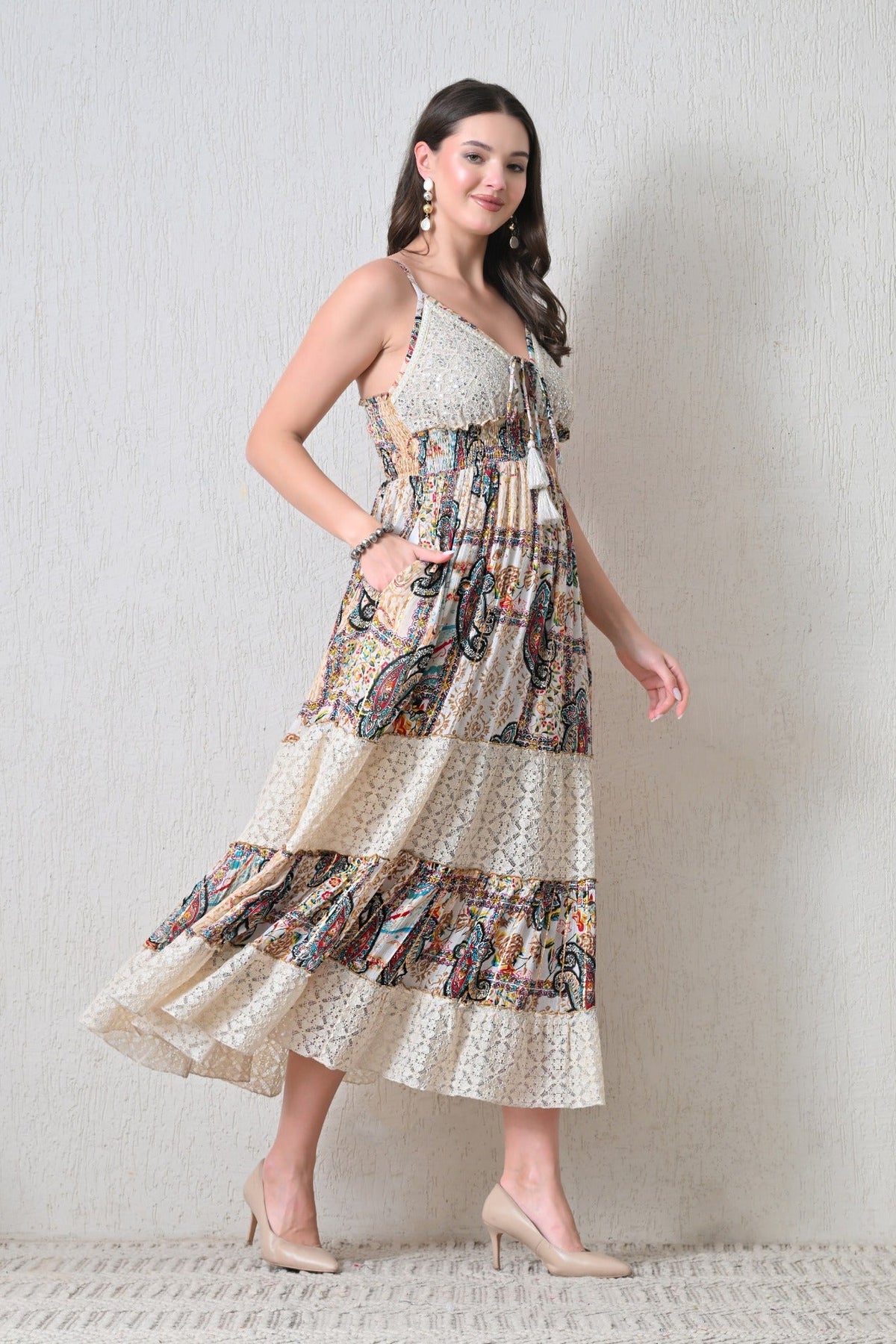 26417 Bohemian Paisley Lace Tiered Maxi Dress with Tassel Tie - Advance Apparels Inc