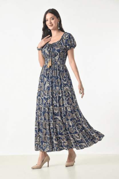 26418 Bohemian Paisley Maxi Dress – Smocked Bodice Tiered Long Dress - Advance Apparels Inc