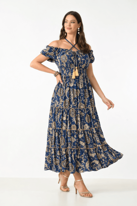 26418 Bohemian Paisley Maxi Dress – Smocked Bodice Tiered Long Dress - Advance Apparels Inc