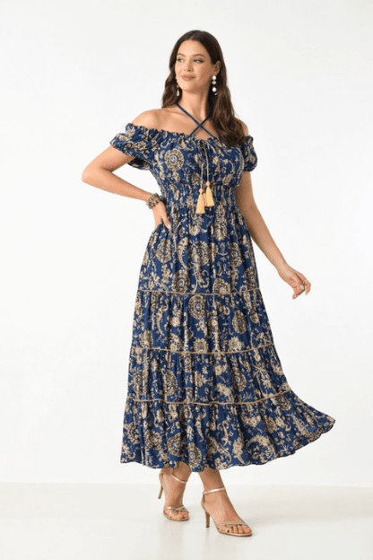 26418 Bohemian Paisley Maxi Dress – Smocked Bodice Tiered Long Dress - Advance Apparels Inc