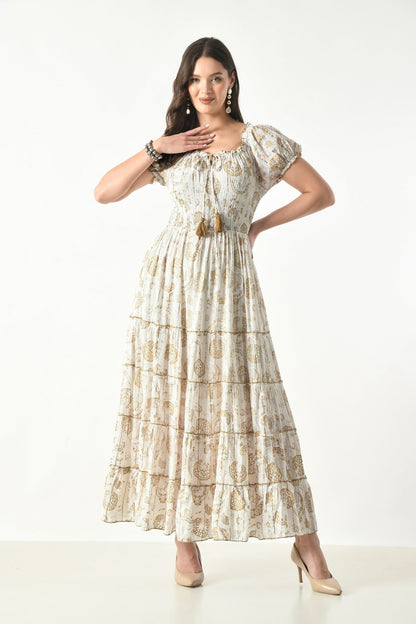 26418 Bohemian Paisley Maxi Dress – Smocked Bodice Tiered Long Dress - Advance Apparels Inc