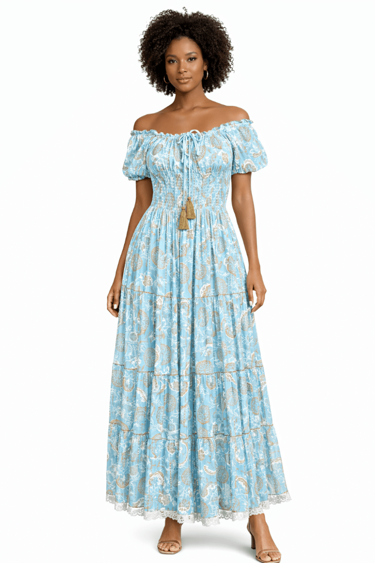 26418 Bohemian Paisley Maxi Dress – Smocked Bodice Tiered Long Dress - Advance Apparels Inc