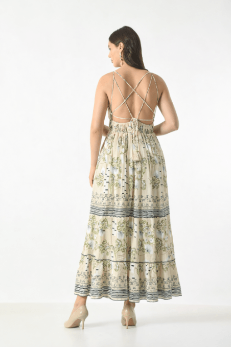 26419 Bohemian Floral Print Tiered Maxi Dress with Spaghetti Straps - Advance Apparels Inc