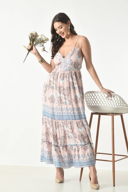 26419 Bohemian Floral Print Tiered Maxi Dress with Spaghetti Straps - Advance Apparels Inc