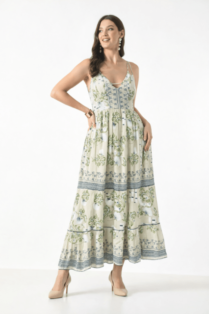 26419 Bohemian Floral Print Tiered Maxi Dress with Spaghetti Straps - Advance Apparels Inc