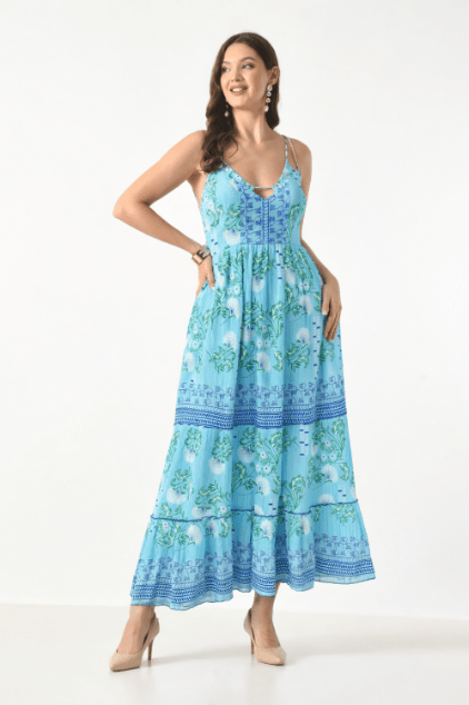 26419 Bohemian Floral Print Tiered Maxi Dress with Spaghetti Straps - Advance Apparels Inc