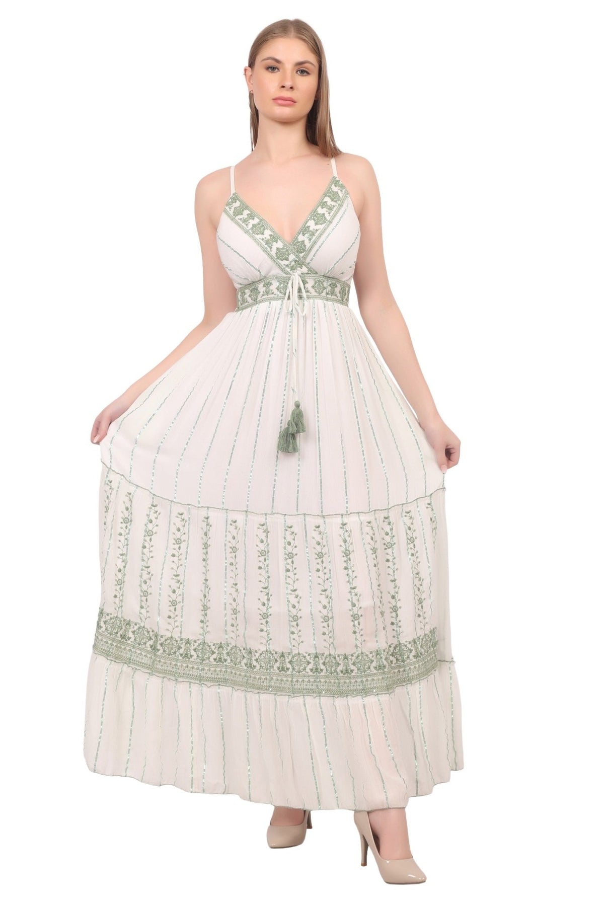 26420 Bohemian Embroidered V-Neck Maxi Dress with Tassel Tie - Advance Apparels Inc