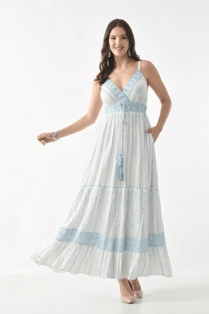 26420 Bohemian Embroidered V-Neck Maxi Dress with Tassel Tie - Advance Apparels Inc