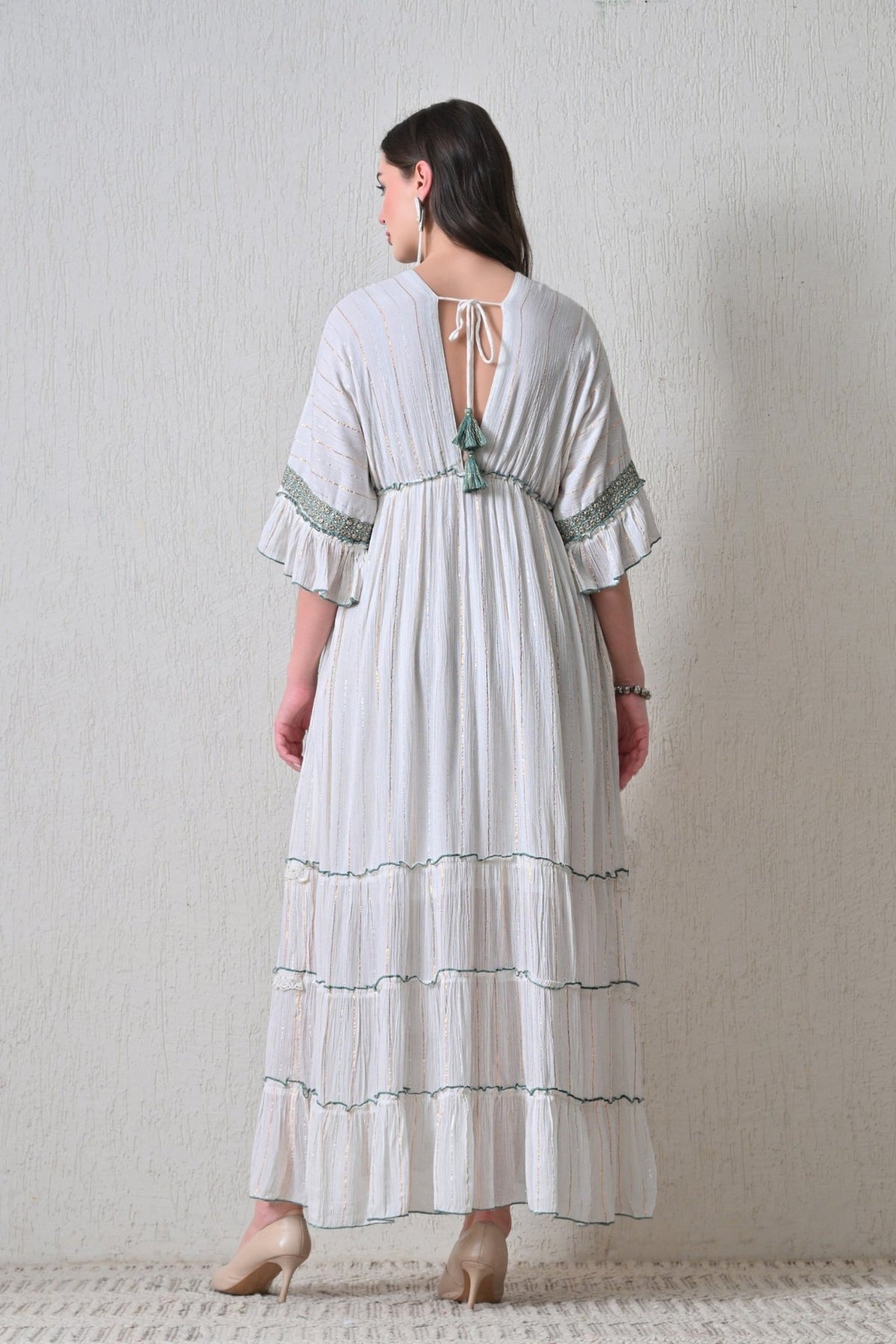 26421 Bohemian Ivory Maxi Dress with Embroidery & Tassel Detail - Advance Apparels Inc
