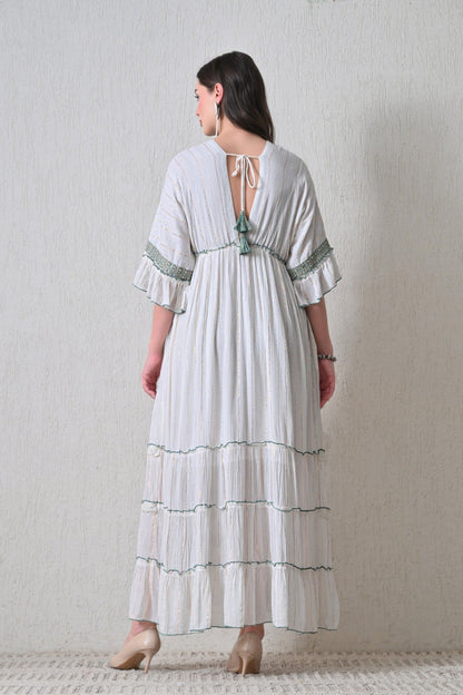 26421 Bohemian Ivory Maxi Dress with Embroidery & Tassel Detail - Advance Apparels Inc