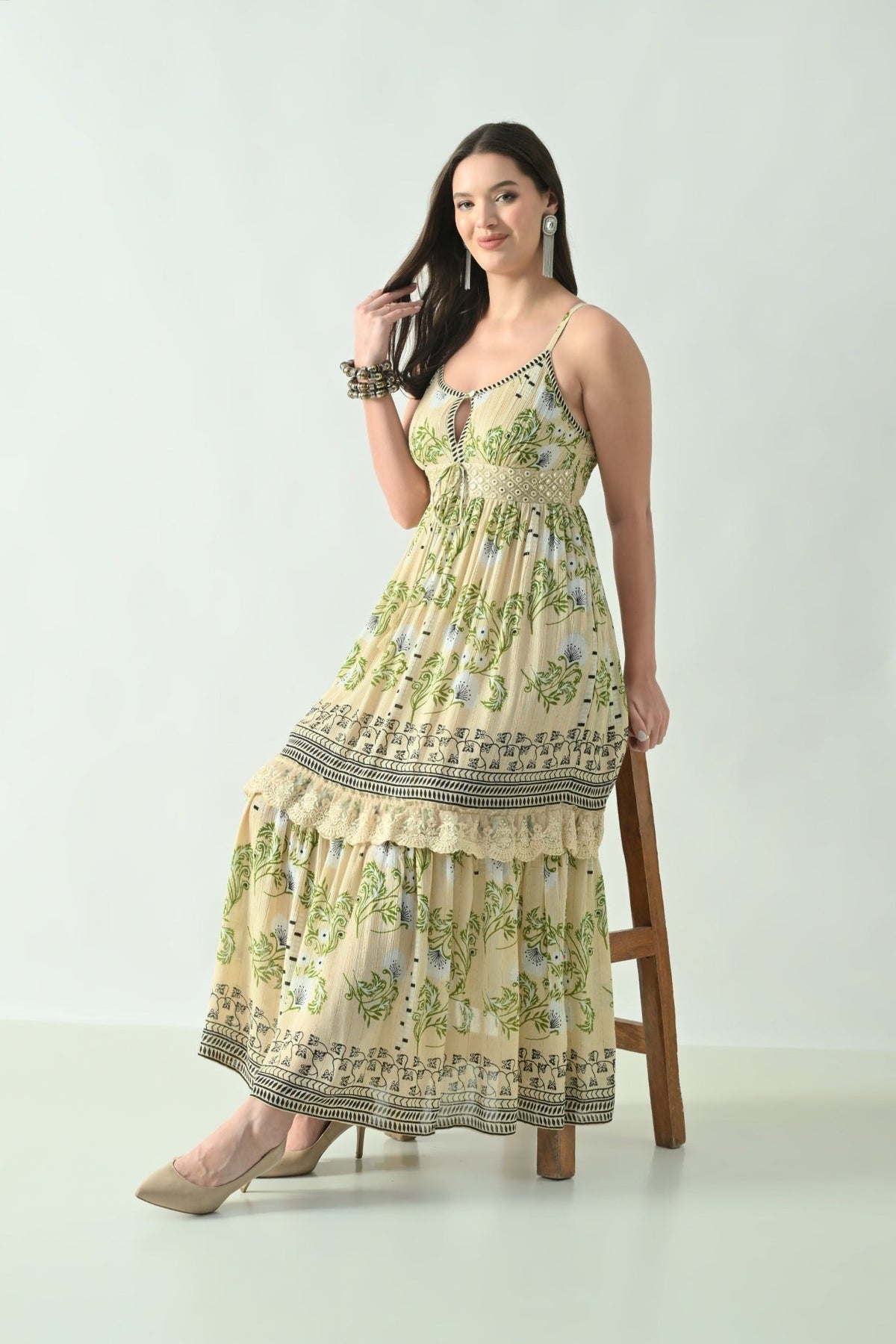 26423 Bohemian Printed Tiered Maxi Dress with Lace Detail & Tassel Tie - Advance Apparels Inc